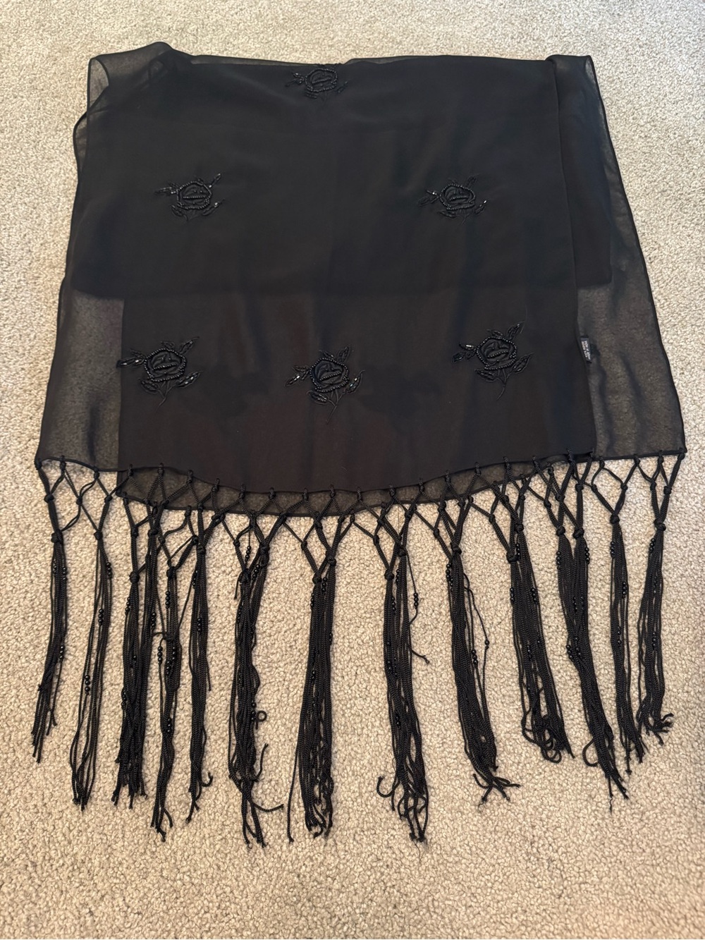 Hand Beaded Rayon Shawl Wrap Classic Black 19”x66” Fringe Made in India